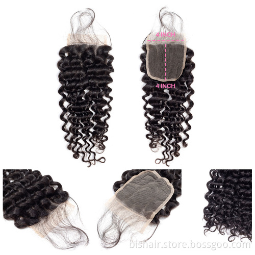 BIS 4*4 Curly wave lace closure remy transparent lace hair raw virgin human free sample Brazilian cuticle aligned hair